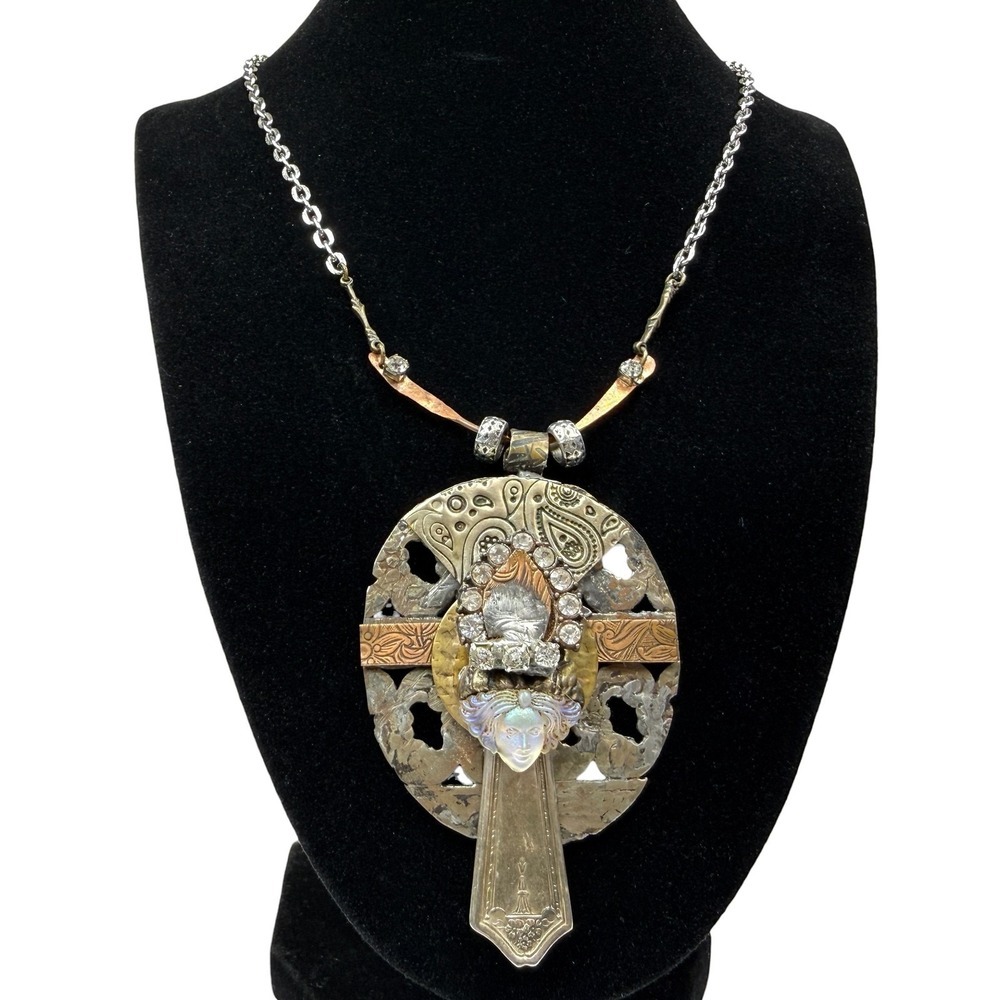 Artisan Mixed Metal Pendant Necklace Repurposed Spoon Unique OOAK Handmade